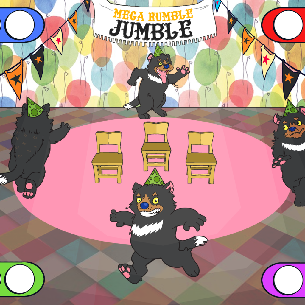 Mega Rumble Jumble is a physical dancing game for four. Think Musical Chairs meets Twister. Made in front of a live audience for Freeplay's Parallels event at ACMI's Lightwell in 2014.