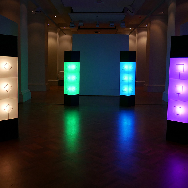 A multiplayer installation game of four musical pillars, each representing a different musical instrument, activated by close proximity.