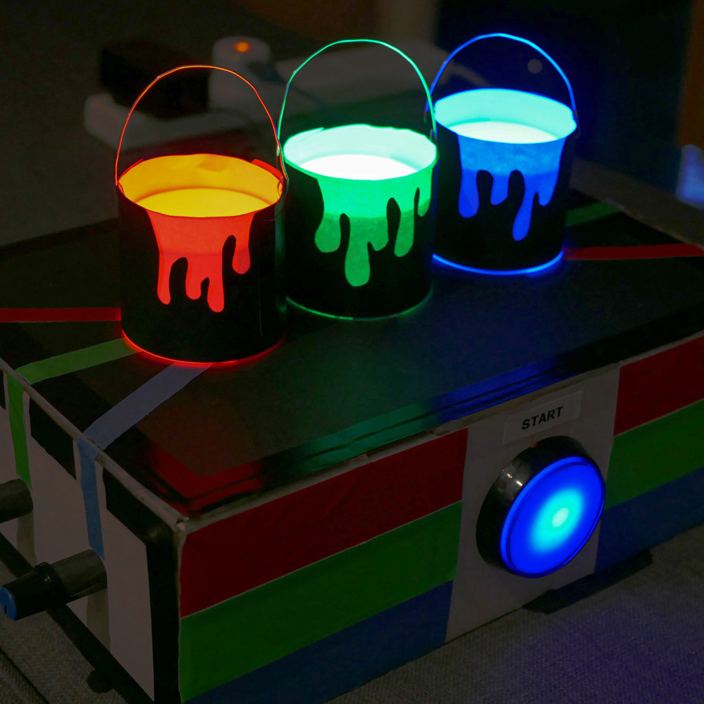 A 2-player alternative controller game where each player has to mix red, green and blue lights to match a randomly generated base colour.